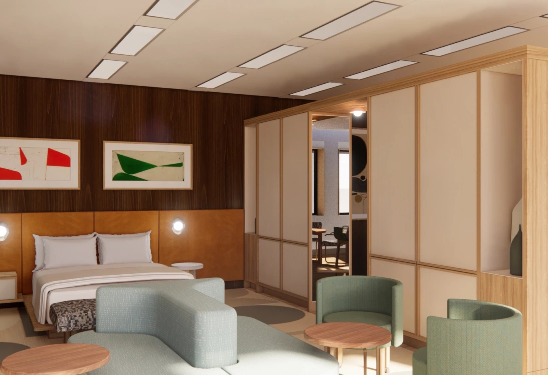 The hotel will be all-electric, generating 100% of its own electricity and energy for heat and hot water with a rooftop solar array and solar parking canopies.