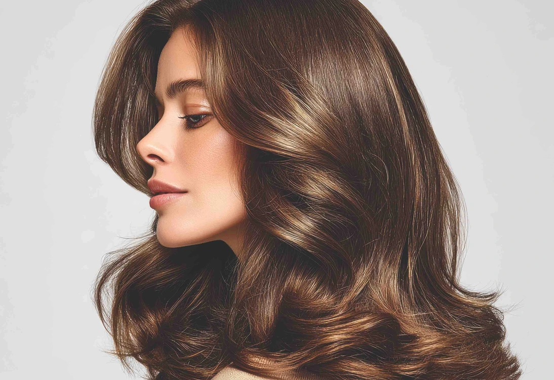 A voluminous, bouncy blow-out created using a round brush and hair dryer - big salon voluminous brush product advertisement