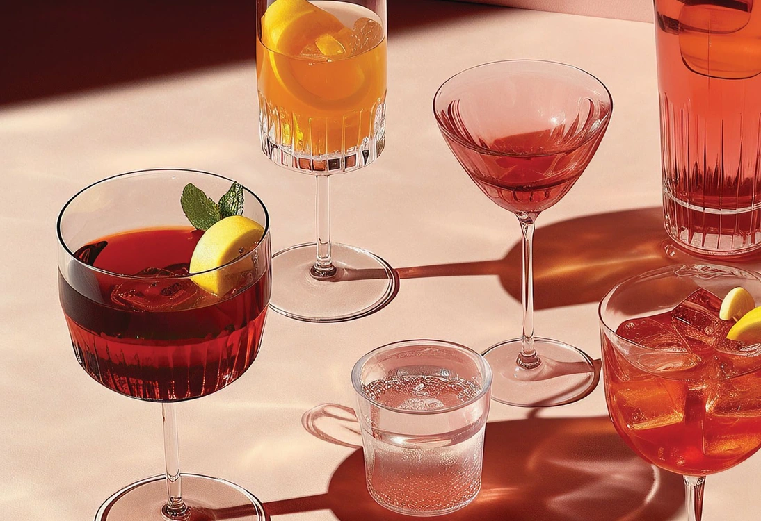 Various colorful cocktails and a glass of water on a light pink surface with soft shadows.