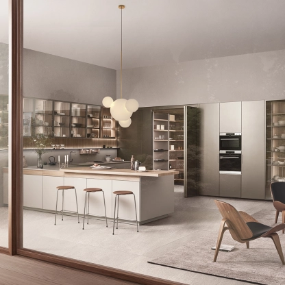 Modern kitchen with wooden accents, glass cabinets, and minimalist design.