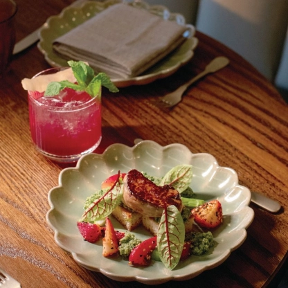 Start off the meal with foie gras, sweet and spicy strawberries and caramelized toast.