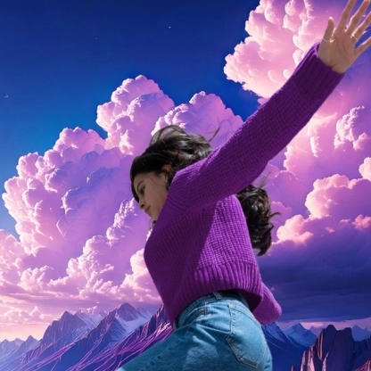 A figure in a purple sweater joyfully poses against a vibrant sky filled with dramatic clouds and mountains.