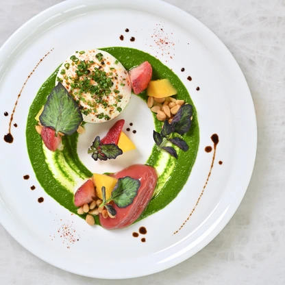 Burrata__pickled_strawberries__rhubarb_-_Le_Jardinier