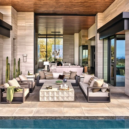 The large outdoor seating area of this Scottsdale home is "large enough for everyone to be comfortable but still feel connected," says designer Angelica Henry. Photo By Werner Segarra