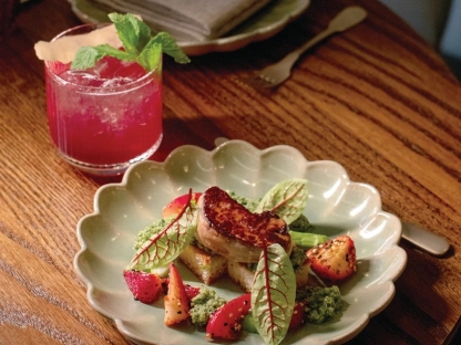 Start off the meal with foie gras, sweet and spicy strawberries and caramelized toast.