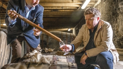 Gregg Glass of The Dalmore and Bay Area architect Ben Dobbin taste from one of the brandâs storied casks in Scotland