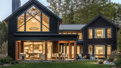 SP Architects designed an angular, modern home, but with a peaked roof to root it in its coastal New England location. Typical siding was eschewed in favor of Shou Sugi Ban, a Japanese wood-charring technique with sustainable properties that make it both naturally weather-resistant and insect-repellent PHOTO BY ROB KAROSIS