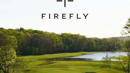 Golf course landscape with a pond and trees, Firefly logo above.