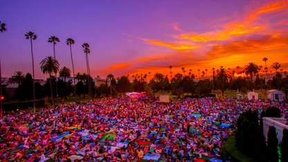 Large crowd gathered on a lawn at sunset with palm trees and colorful sky in the background.