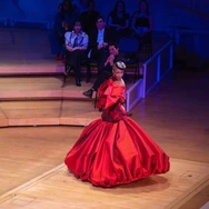 Flamenco dancer in a vibrant red dress performing on stage with seated audience in the background.
