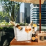 A refreshing cocktail and wine bottles sit in ice, with a city skyline and greenery in the background.