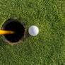 Golf ball near cup on green during sunny day at a golf course