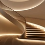 Curved, illuminated staircase with smooth walls and warm ambient lighting in a modern interior space.