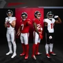 Four Atlanta Falcons football players in team uniforms posing on black background.