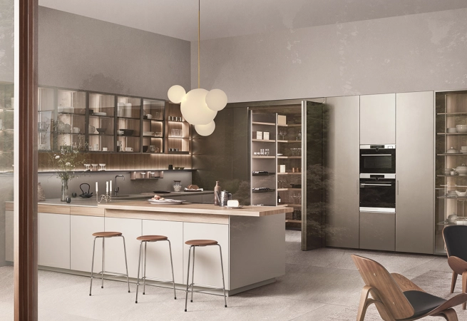 Modern kitchen with wooden accents, glass cabinets, and minimalist design.