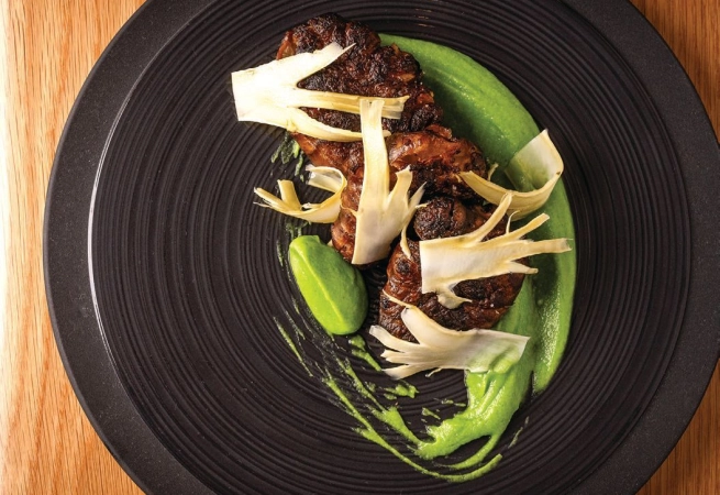 Fallow Kinâs twice-cooked sunchoke with broccoli pickle and purÃ©e. PHOTO COURTESY OF BRAND