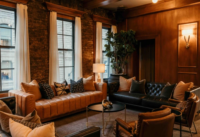 Cozy living room with leather sofas, pillows, large windows, wooden walls, and a round black coffee table.