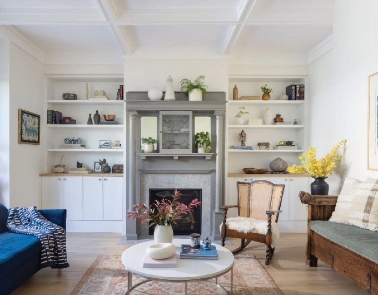 The architectural team maintained the traditional design elements of the living room and lined the space with 8-inch European white oak floors from Parkside Hardwoods. Photographed by PAUL DYER