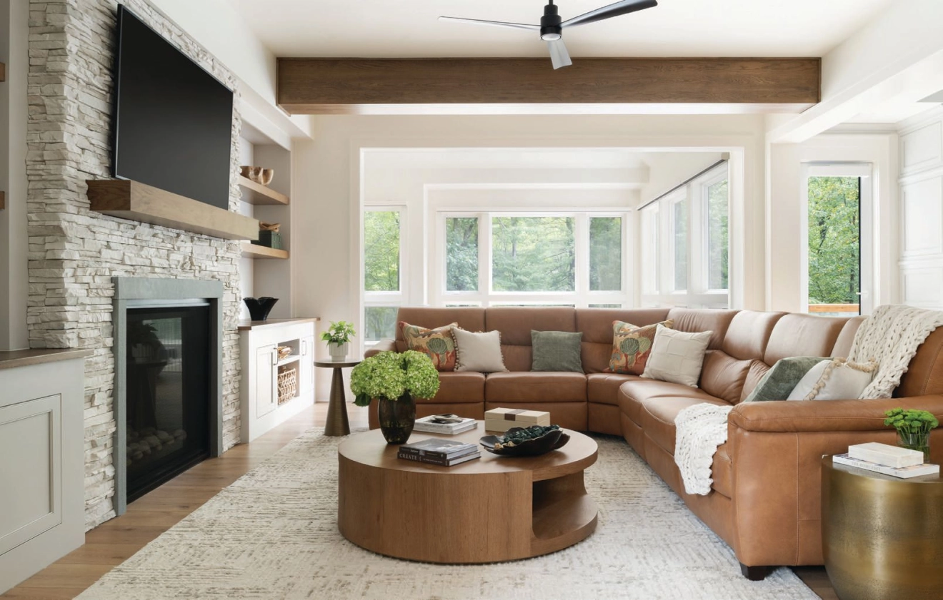 The great room is designed with family life in mind, as it blends functionality and durable materials and fabrics in every inch. photographed by ROBERT RADIFERA styled by CHARLOTTE SAFAVI