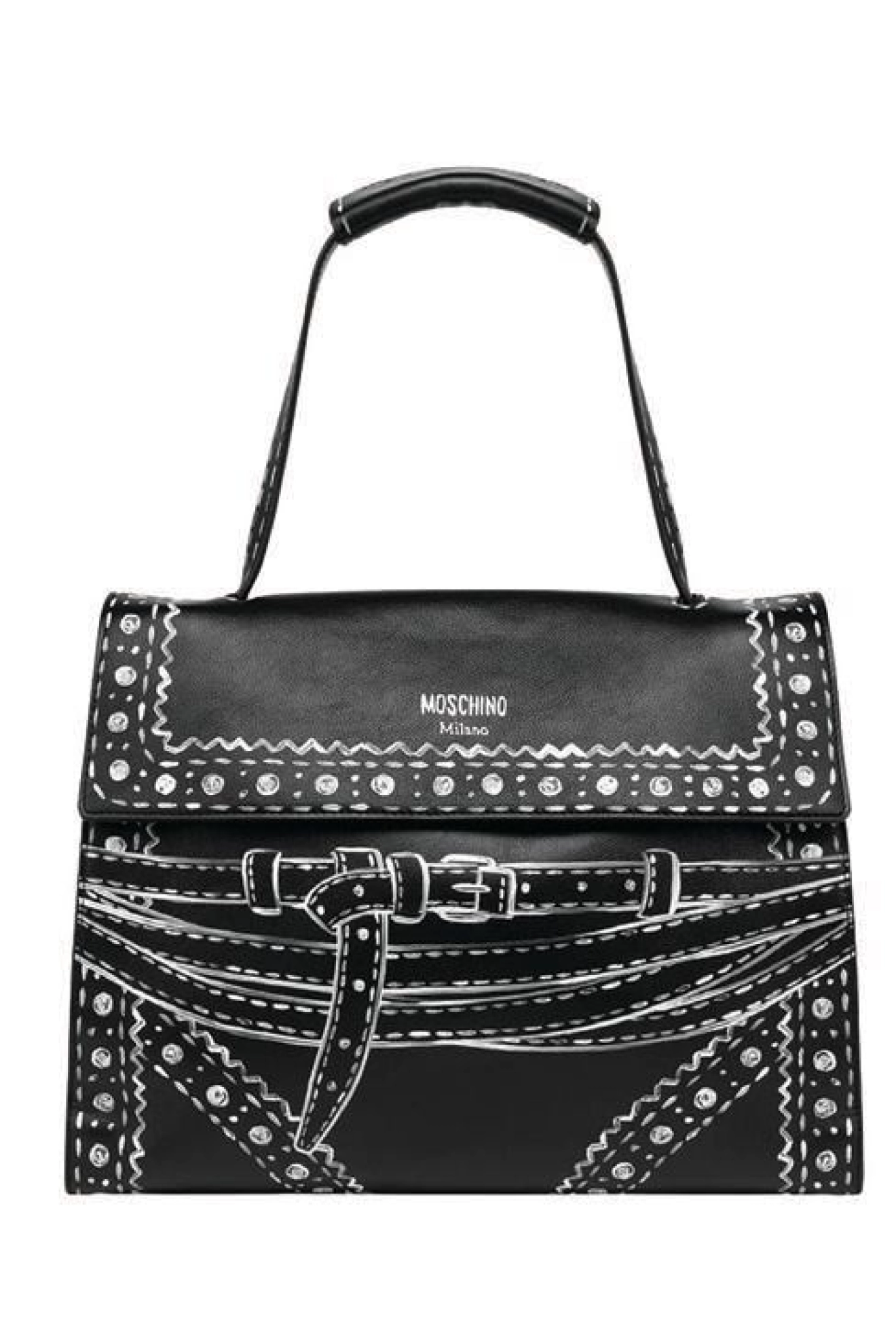 Black Moschino Bag âThe âchalkâ drawing on this special edition of Moschinoâs classic Tie Me Up bag makes it feel like wearable art.â moschino.com PHOTO COURTESY OF BRAND