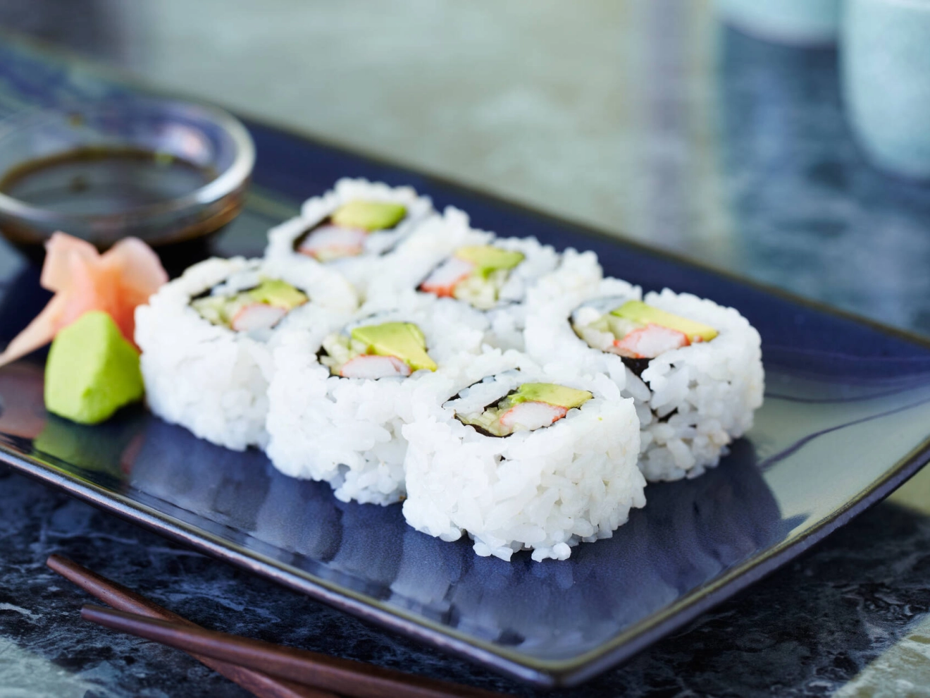 A plate of six California rolls