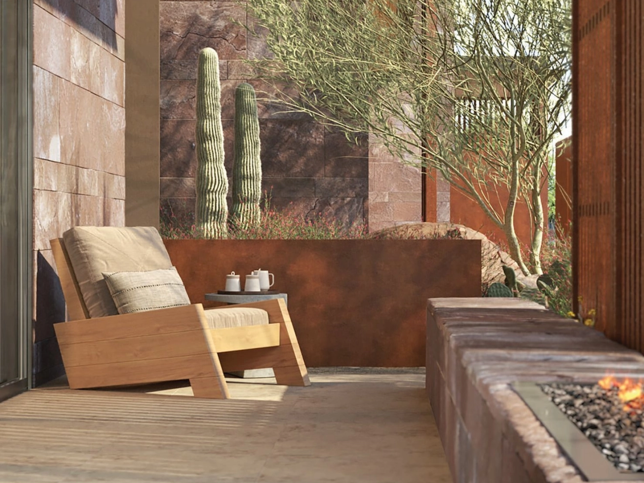 Relaxing outdoor patios feature fireplaces and charming furnishings. PHOTO COURTESY OF SUMMIT BY OLSON KUNDIG