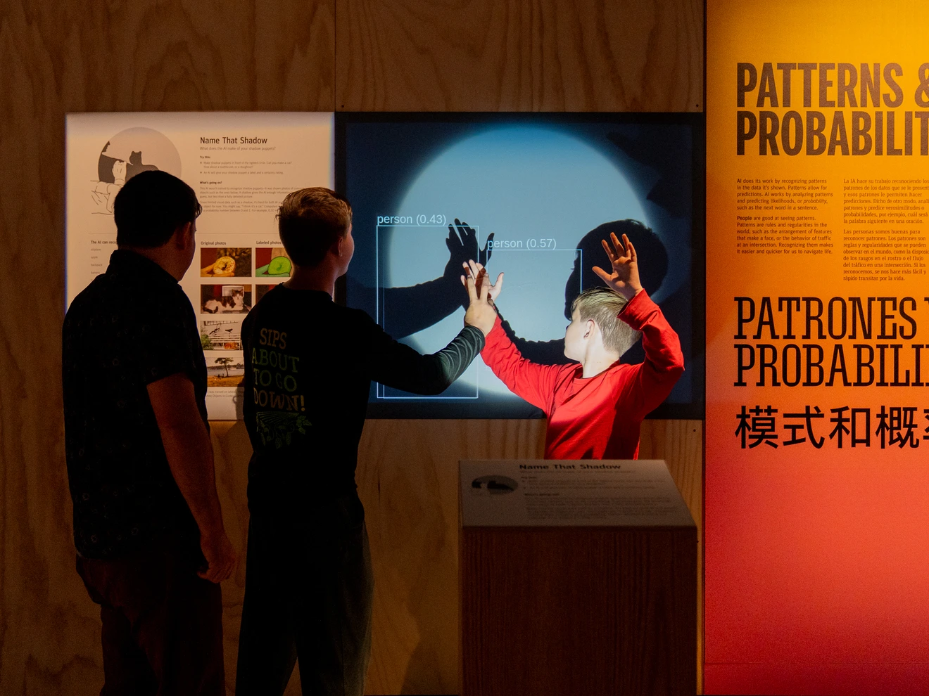 Two children interact with an exhibit titled "Patterns & Probability," showing hand shadows on a screen.