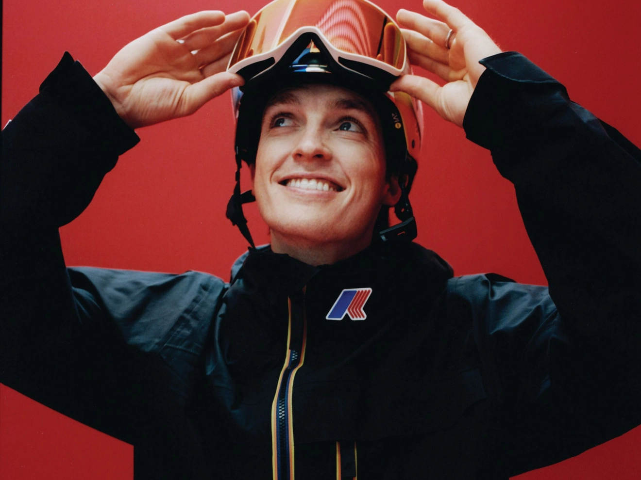 Supermodel Amber Valletta in Moncler Grenoble jacket in mouliné wool and long-haired shearling, cargo pants in mouliné wool, crewneck sweater in alpaca wool blend and down-filled gloves in shiny nylon laqué, moncler.com Photo by MARIO SORRENTI