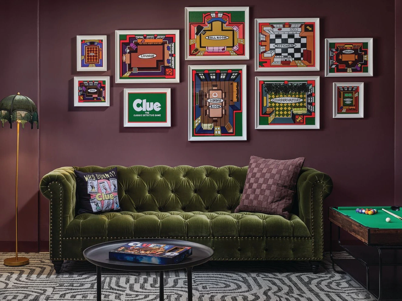 The Clue-themed room riffs on the classic whodunit game, complete with a playful nod to the billiards room. PHOTO COURTESY OF THE CURTIS