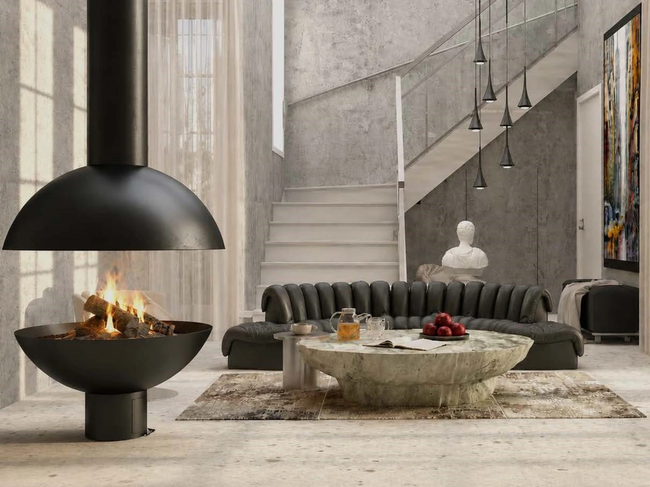 Modern living room with suspended fireplace, curved sofa, round concrete coffee table, and staircase in background.