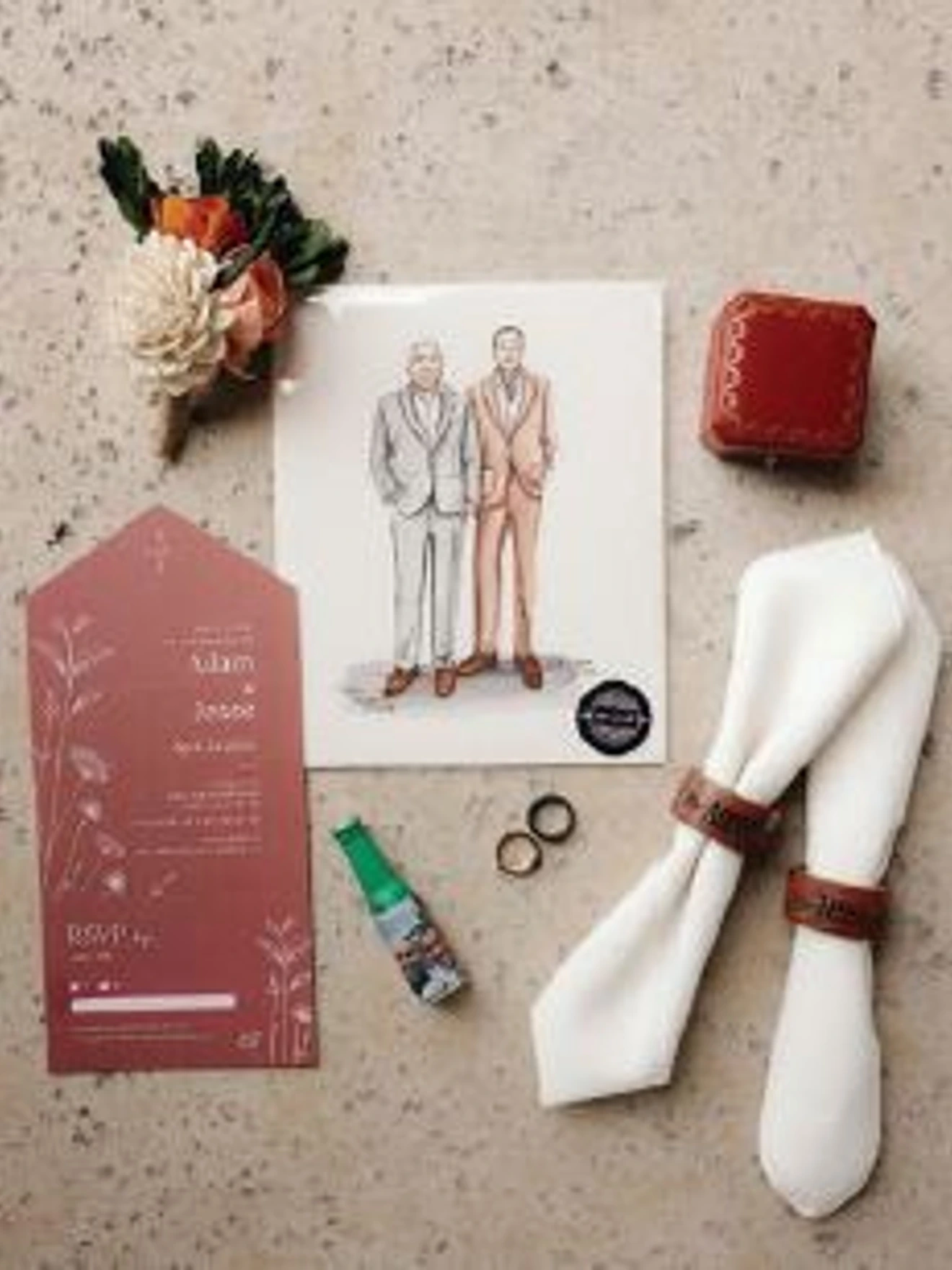 Keepsakes from the joyous occasion included engraved wood napkin rings, sketches and more. PHOTO BY JD SWIGER AND JOHN DAVID WEDDINGS