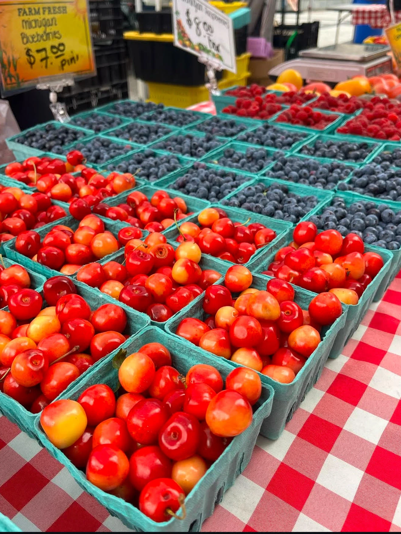 Fresh blueberries, cherries, and raspberries displayed in green cartons on a checkered table at a market.