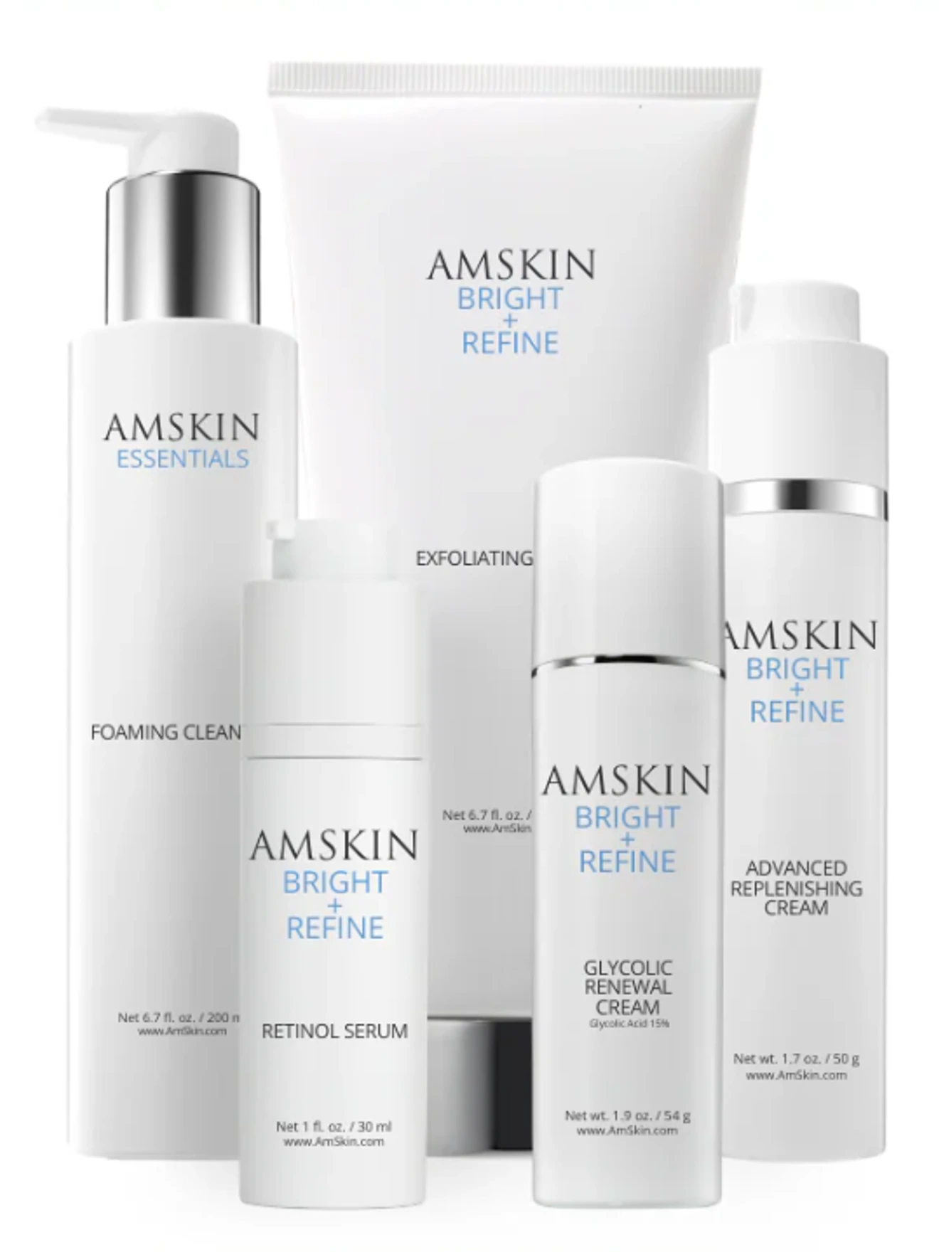 Amskin Bright + Refine skincare product line including cleanser, exfoliating, retinol serum, glycolic renewal, and replenishing cream.