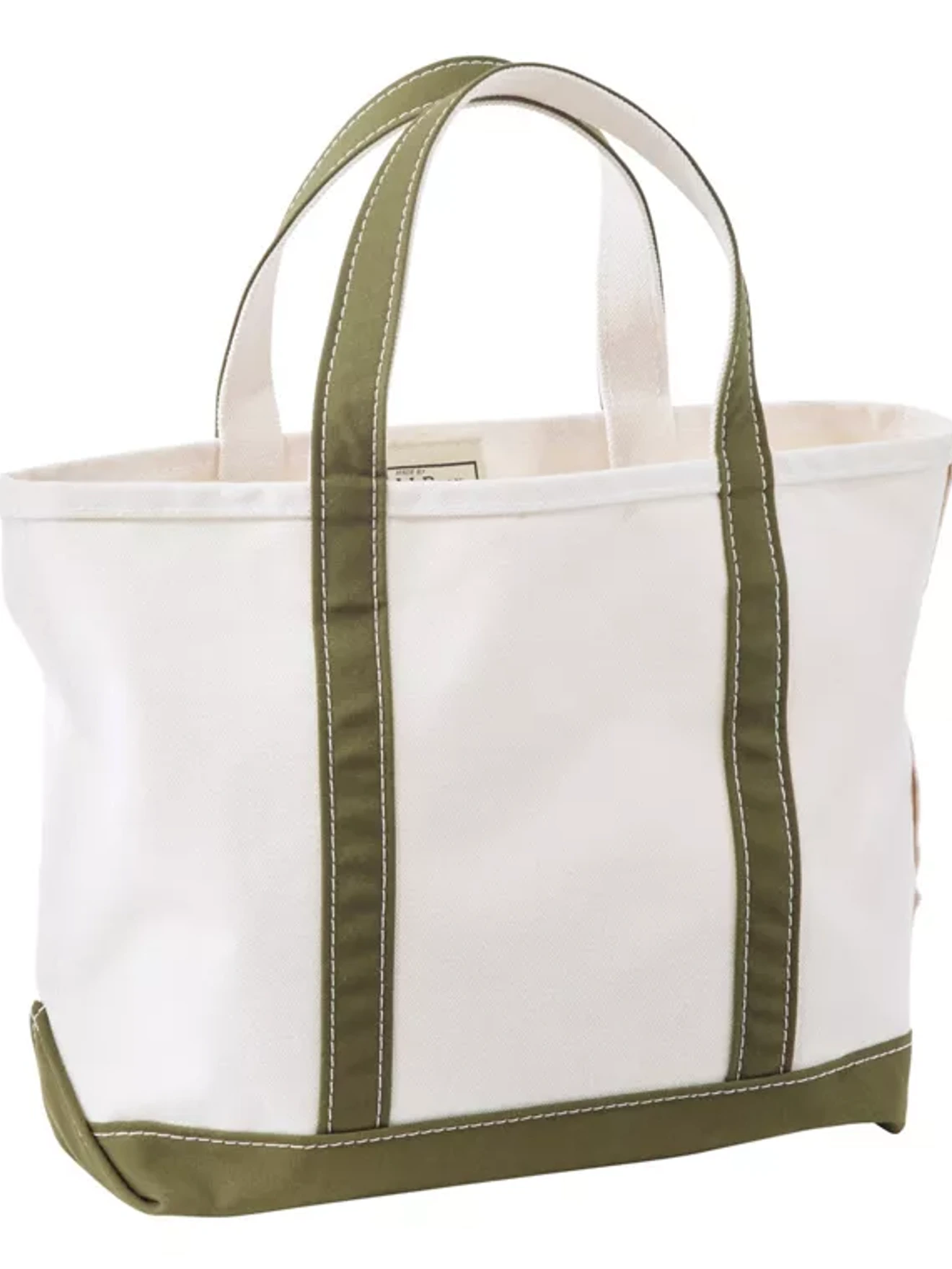 White canvas tote bag with olive green handles and trim.