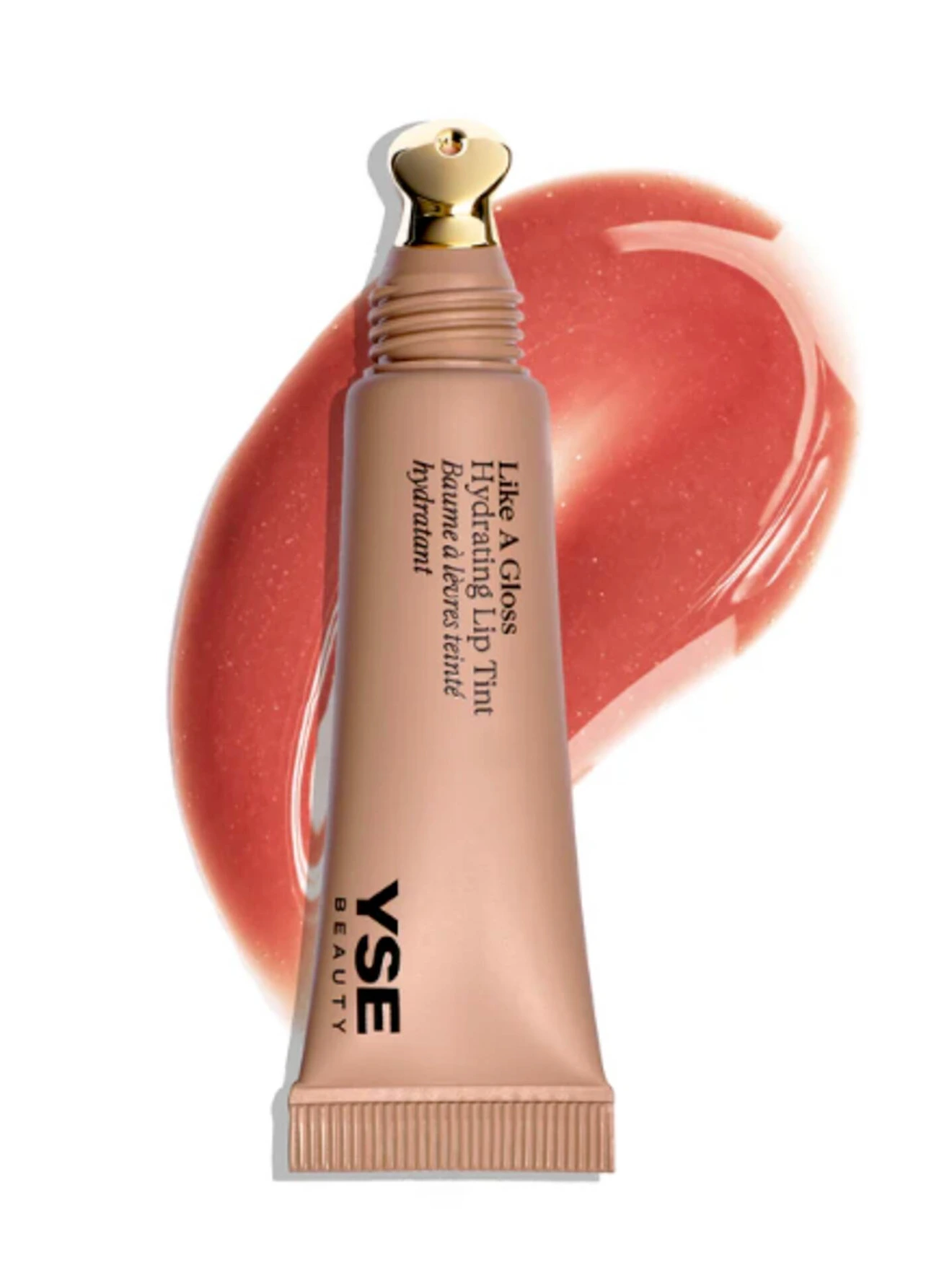 Tube of YSE Beauty Like A Gloss Hydrating Lip Tint with peachy-pink glossy swatch.