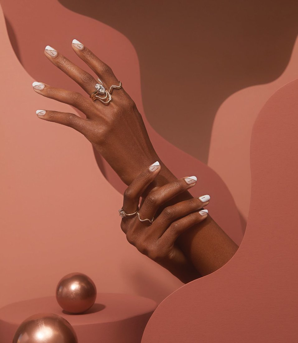 Marrow Fine’s gorgeous rings complement the brand’s stick-on gel nail collaboration with ManiMe. Here, the First Look design is shown. PHOTO COURTESY OF MARROW FINE