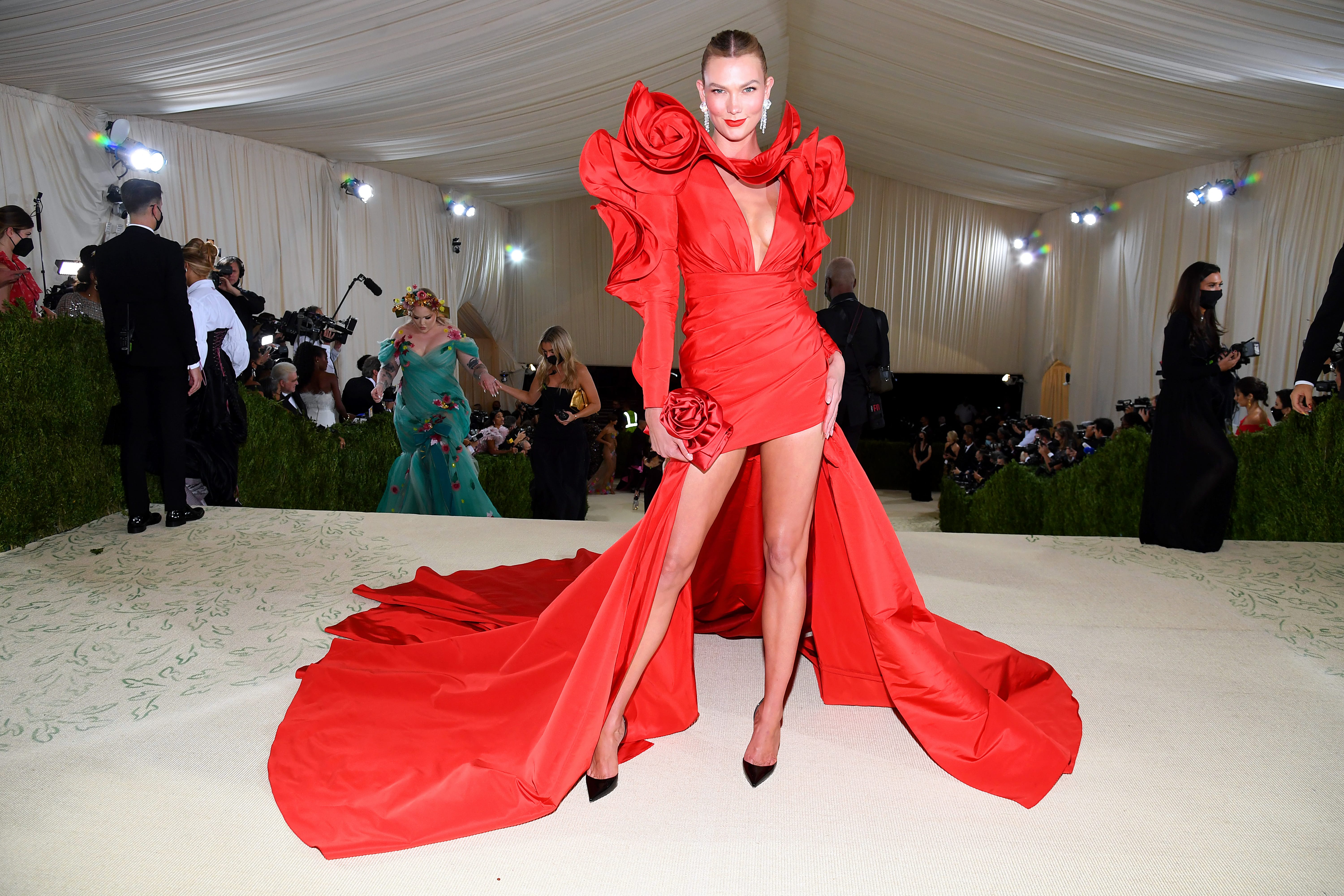 red dresses met gala Bee Shaffer 2018 Met Gala Red Ruffled Off-Shoulder Gown