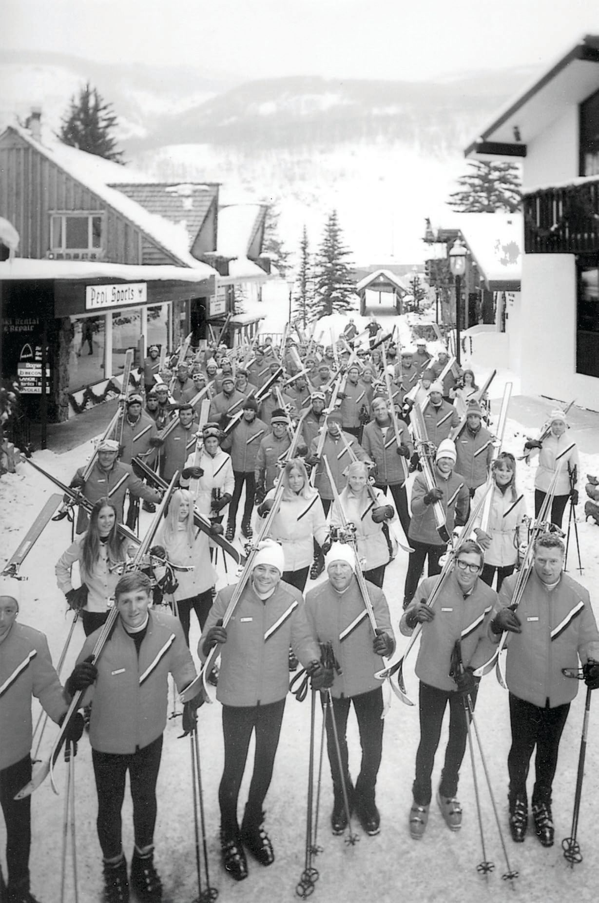 Vail pioneer Christie Hauserman is credited with designing the famous “Vail stripe” that was prominently featured on Vail’s first ski school uniforms. The diagonal lines were inspired by uniforms worn by the royal guard during the 1953 coronation of Queen Elizabeth II. PHOTO COURTESY OF COLORADO SNOWSPORTS MUSEUM AND HALL OF FAME