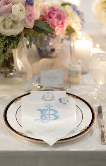 “For our head table, we sourced white linen dinner napkins from Etsy and had 				them monogrammed with our initials at Monograms on Webster in Lincoln Park,” Bridget says.