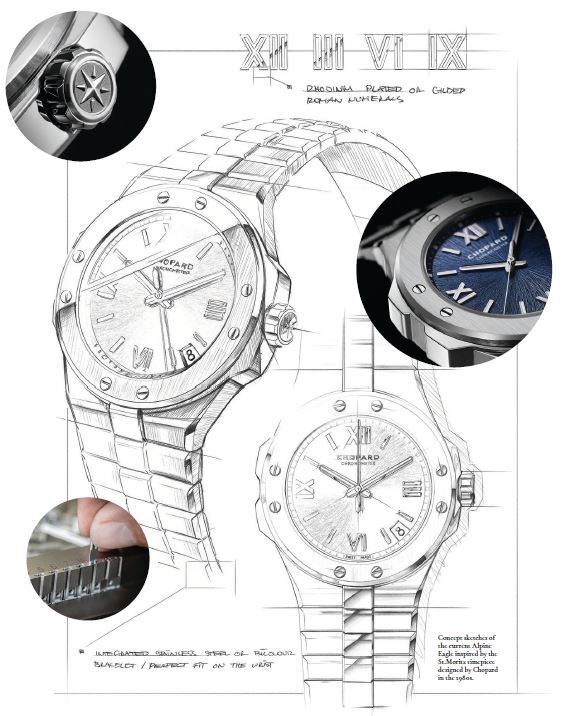 Concept sketches of the current Alpine Eagle inspired by the St.Moritz timepiece designed by Chopard in the 1980s. PHOTO COURTESY OF CHOPARD