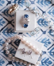 Molly’s diamond and sapphire ring is another nod to her love of blue and white Photographed by Ben Finch
