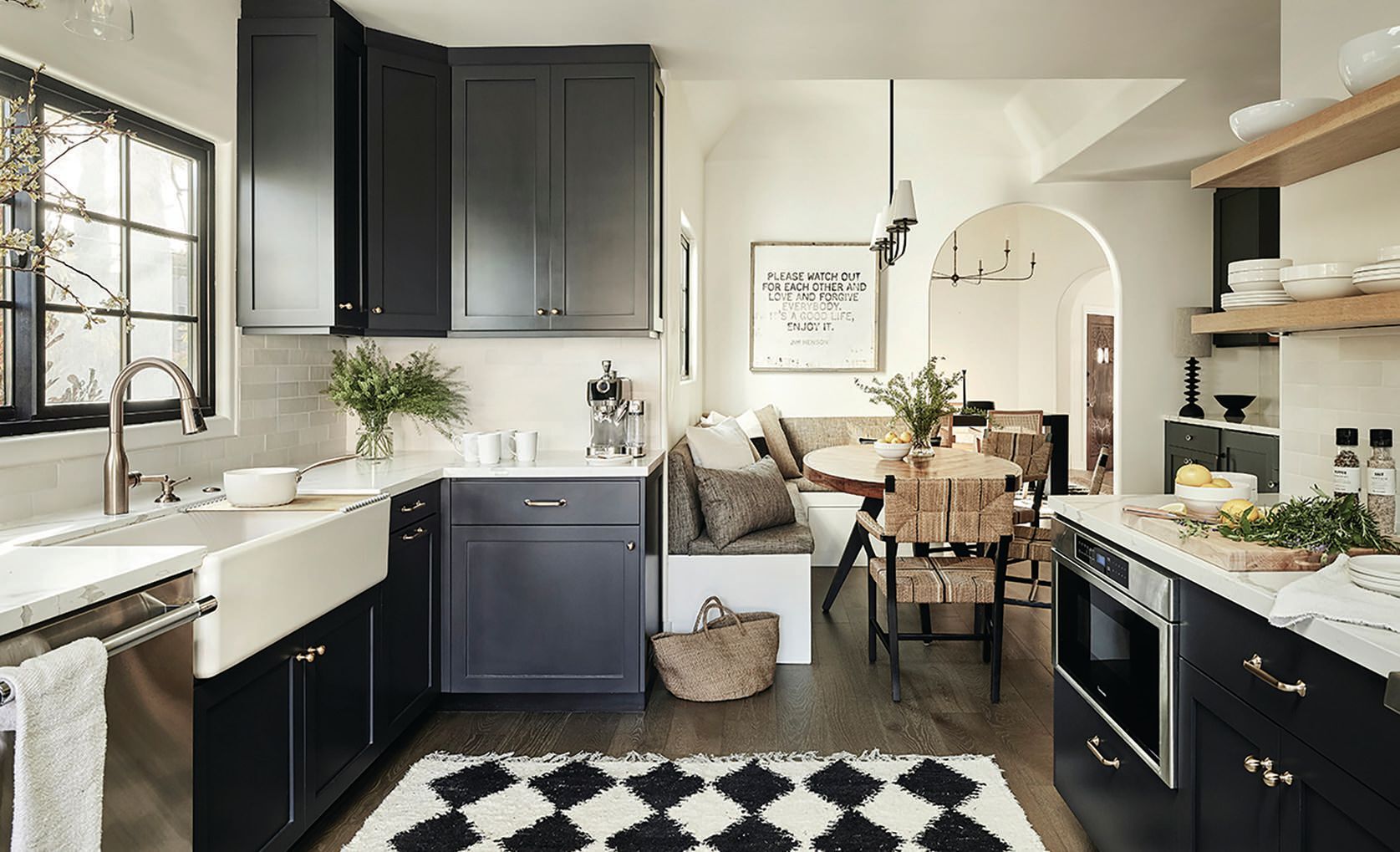 “I’m in 				my kitchen nook a 				lot—it’s perfect for 				solo recharging, 				journaling and family 				time,” says Webb. 				“We recovered the 				built-in bench fabric 				and the accent 				pillows which make 				it feel so inviting 				and warm.” PHOTOGRAPHED BY JENNA PEFFLEY