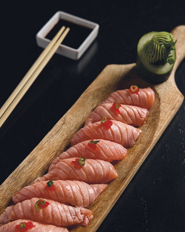 Torched salmon belly nigiri. Photography By Michael Pisarri Shot On Site At Sushi Sake South Beach