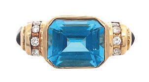 “I’ve always been drawn to estate pieces—they each have a unique story. Plus, I love incorporating pieces with color, which is why I love this blue topaz statement ring!” Estate ring, brownjewelers.com PHOTO COURTESY OF BRAND