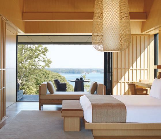 The Sora Suite Bedroom at Amanemu in Japan. KOCH PHOTO BY PATRICK HEAGNEY, SHOT ON LOCATION AT UMI AND M BY TASUKU MURAKAMI