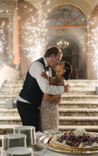 The bride wore a sparkly Bronx and Banco dress for the coupleâs grand entrance for the reception Photographed by SILVIA POROPAT