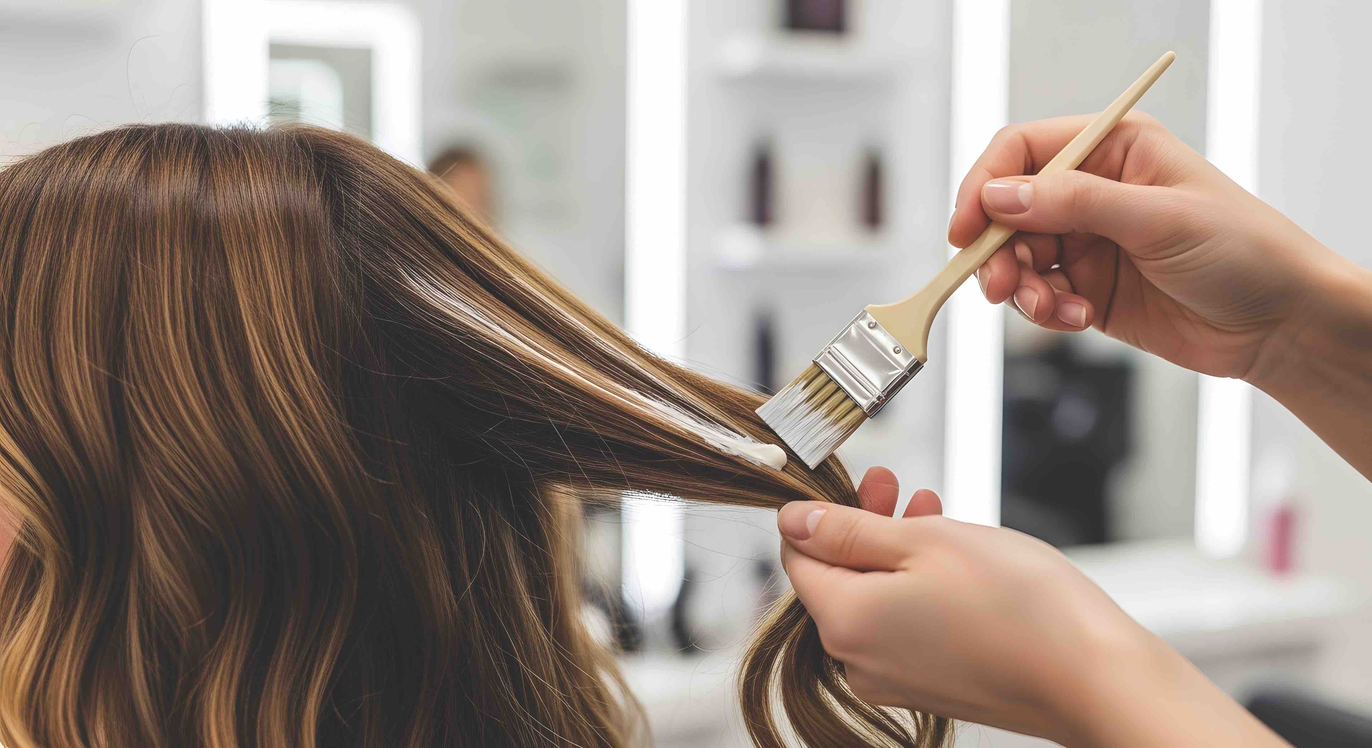 Hairstylist applying balayage highlights to female client's long brown hair in a salon for beauty transformation concept and professional hair care