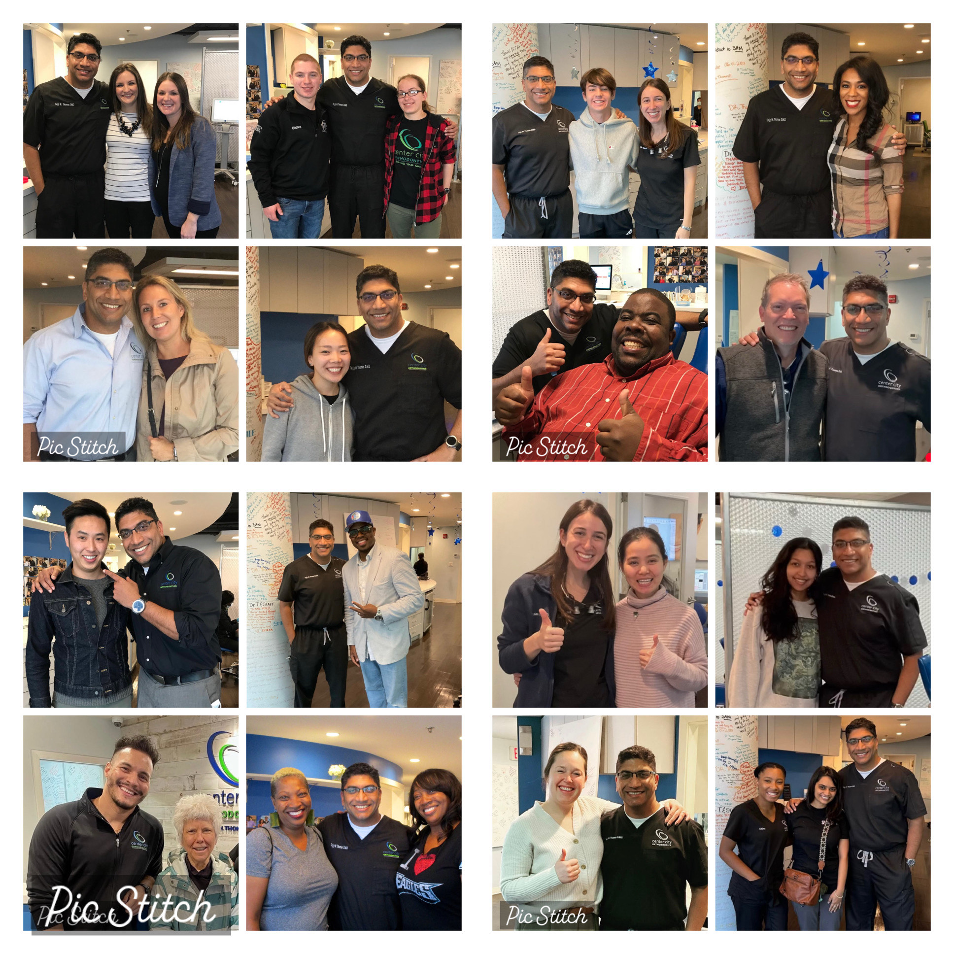 Collage of a man in black shirt posing and smiling with different people in a casual indoor setting.