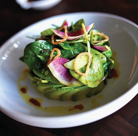 a miso spinach and avocado salad that is bright and balanced PHOTO BY LAURENT TOURENDEL