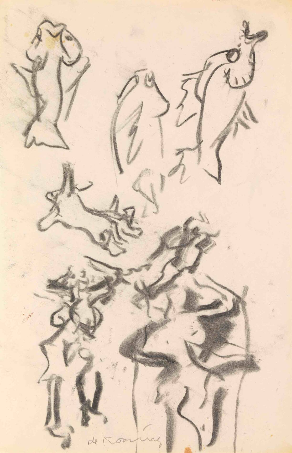 Charcoal sketch featuring abstract figures, animals, and human forms on beige paper.